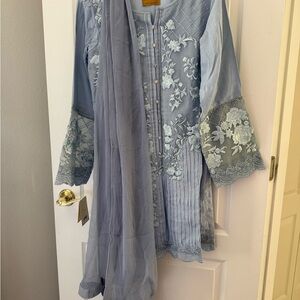 Elegant Blue Embroidered Kurta with Scarf